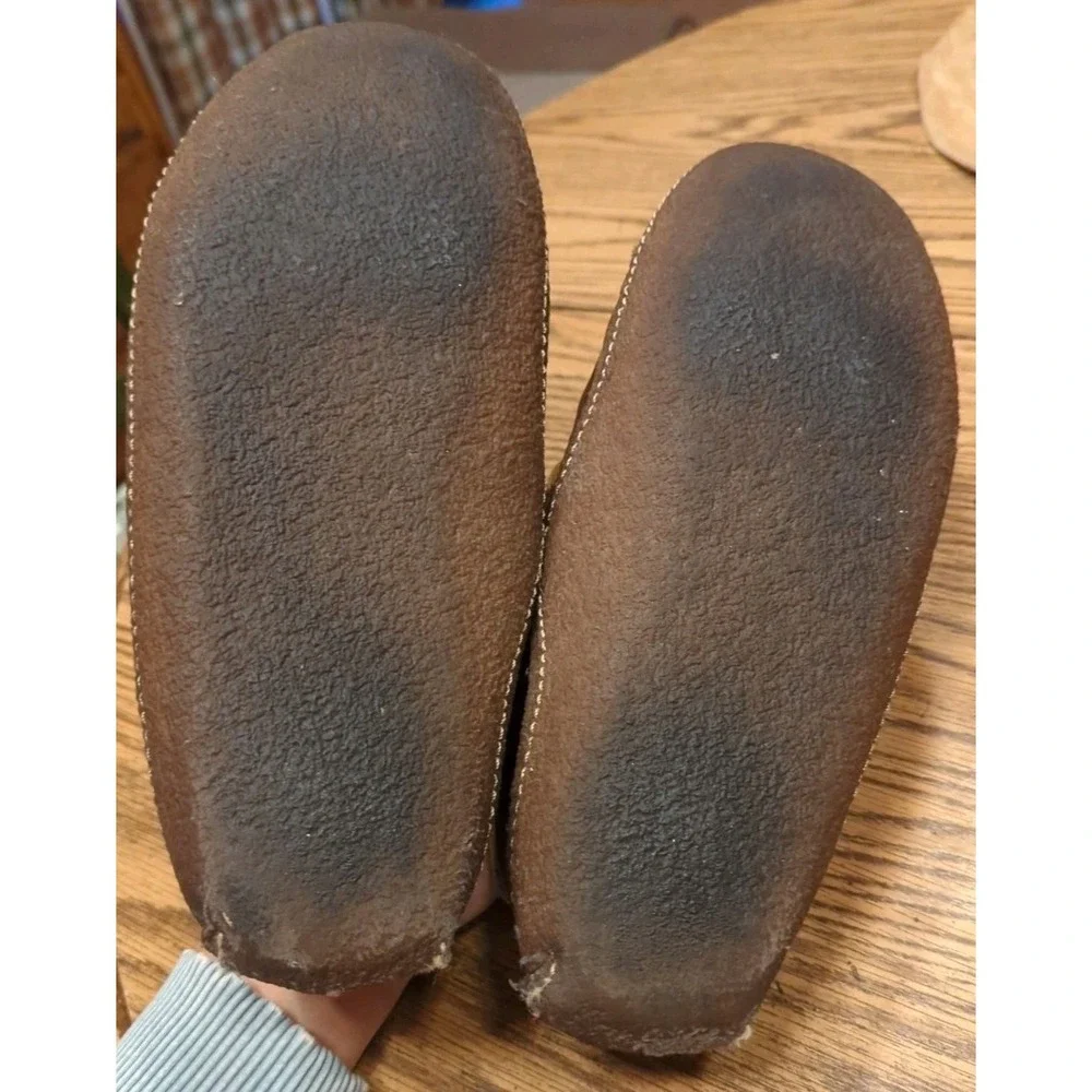 L.L. Bean Mens Moccasin Slippers Brown‎ Leather Moc Toe Bow Shearling Lined 11M